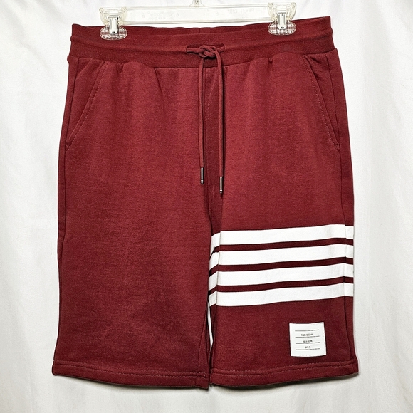 Thom Browne Men's Burgundy Red w/White 4-Bar Varsity Stripes Sweatshorts
